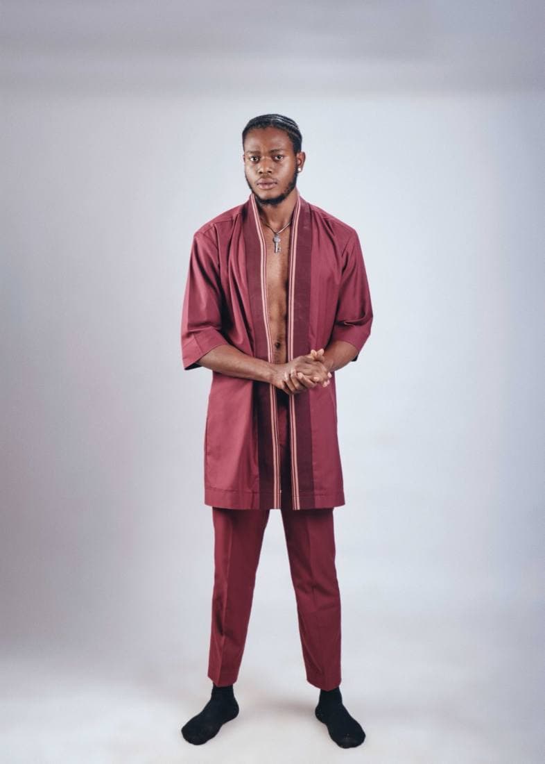 Man in a burgundy kimono-collar two-piece